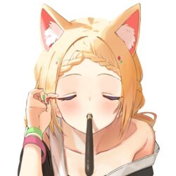  aki_rosenthal aki_rosenthal_(gaming_casual) animal_ear_fluff animal_ears bare_shoulders blonde_hair blurry blush braid closed_eyes collarbone depth_of_field extra_ears facing_viewer female fingernails food foreshortening green_nails hololive incoming_pocky_kiss mouth_hold nail_polish official_alternate_costume official_alternate_hairstyle parted_bangs pocky pocky_day pov solo transparent_background twin_(tt_lsh) virtual_youtuber 