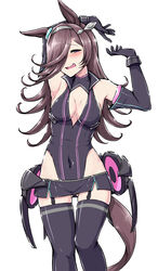  animal_ears arm_behind_head armpits arms_up black_gloves black_hair black_skirt black_sleeves black_thighhighs blush breasts cleavage commentary_request commission cosplay covered_navel deno_(denomina0) detached_sleeves ear_ornament female garter_straps gloves grey_hairband grey_leotard hair_over_one_eye hairband half-closed_eyes head_tilt highleg highleg_leotard highres horse_ears horse_girl horse_tail horseshoe_ornament leotard long_bangs looking_at_viewer medium_hair microskirt mihono_bourbon_(umamusume) mihono_bourbon_(umamusume)_(cosplay) necktie open_mouth partial_commentary pink_necktie purple_eyes rice_shower_(umamusume) rigging simple_background single_horizontal_stripe skeb_commission skirt sleeveless smile solo standing tail tail_ornament thighhighs umamusume white_background 