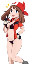  bad_id bad_pixiv_id bandana bikini black_bikini black_gloves blue_eyes bow_hairband breasts brown_hair english_commentary feet_out_of_frame female gloves grey_eyes grey_socks hairband holding holding_poke_ball may_(pokemon) medium_hair notice_lines open_clothes open_shirt pabsmikan poke_ball pokemon pokemon_rse red_bandana red_shirt shirt simple_background small_breasts smile socks solo standing strap_gap swimsuit two-tone_gloves white_background white_gloves 