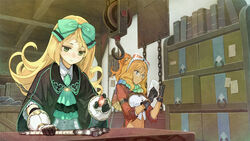  2girls ascot atelier_(series) atelier_shallie bespectacled black_capelet black_gloves blonde_hair blush book bow box capelet closed_mouth desk flipped_hair gem glasses gloves goggles goggles_on_head green_ascot green_bow green_eyes hairbow half_updo hidari_(left_side) indoors jurie_crotze long_hair miruca_crotze multicolored_clothes multicolored_scarf multiple_girls official_art orange_hair ponytail scarf shirt short_hair shrug_(clothing) siblings sisters smile tan upper_body white_gloves white_shirt 