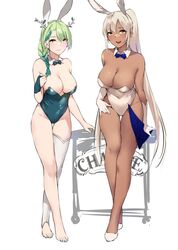  2girls adapted_costume alternate_hairstyle antlers bare_legs barefoot blonde_hair blue_bow blue_bowtie bow bowtie braid braided_ponytail breasts bridal_gauntlets ceres_fauna ceres_fauna_(1st_costume) dark-skinned_female dark_skin detached_collar feet full_body green_bow green_bowtie green_hair green_leotard hair_ornament hair_over_shoulder hololive hololive_english horns large_breasts leotard long_hair multicolored_hair multiple_girls nail_polish playboy_bunny ponytail sidelocks simple_background single_braid single_bridal_gauntlet single_thighhigh strapless strapless_leotard thighhighs toenail_polish toenails toes tsukumo_sana tsukumo_sana_(1st_costume) very_long_hair virtual_youtuber white_background white_footwear white_legwear white_leotard yellow_eyes zen_juraku 