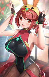  adapted_costume aqua_gemstone black_gloves bob_cut breasts brown_eyes brown_pantyhose bunny_hood_(zelda) commentary_request drop_earrings earrings female fingerless_gloves fishnet_pantyhose fishnets gloves gonzarez hands_up headpiece highres hood jewelry large_breasts looking_at_viewer pantyhose pyra_(pro_swimmer)_(xenoblade) pyra_(xenoblade) red_hair revision short_hair sitting sleeveless smile solo super_smash_bros. the_legend_of_zelda wariza wide_hips xenoblade_chronicles_(series) xenoblade_chronicles_2 