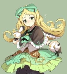  atelier_(series) atelier_shallie black_bloomers black_capelet blonde_hair bloomers bow capelet closed_mouth cowboy_shot cravat curcumin expressionless female flipped_hair frilled_skirt frills gloves green_background green_bow green_eyes green_neckwear green_skirt hairbow jitome long_hair looking_at_viewer miruca_crotze outstretched_hand simple_background skirt solo underwear white_gloves 