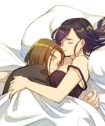  1boy bare_shoulders black_shirt breasts brown_hair closed_eyes commentary_request cuddling dragon_quest dragon_quest_xi face_to_breasts female hero_(dq11) highres hug kimidori_(kimidoriri) large_breasts long_hair lying martina_(dq11) on_back on_bed on_side purple_hair shirt sleeping straight strap_slip 