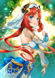  absurdres backlighting blue_bow blue_eyes bow breasts chinese_commentary commentary_request day fake_horns female genshin_impact highres horns long_hair long_sleeves low_twintails medium_breasts navel nilou_(genshin_impact) outdoors parted_bangs parted_lips puffy_long_sleeves puffy_sleeves red_hair see-through see-through_sleeves shitou_(1992116210) smile solo sunlight twintails veil very_long_hair 