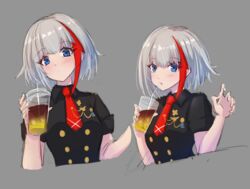  admiral_graf_spee_(azur_lane) admiral_graf_spee_(girl&#039;s_sunday)_(azur_lane) azur_lane black_dress blue_eyes breasts buttons double-breasted dress drinking drinking_straw female grey_background grey_hair looking_at_viewer medium_breasts medium_hair multicolored_hair necktie official_alternate_costume red_hair red_necktie short_necktie short_sleeves simple_background solo streaked_hair two-tone_hair upper_body waa!_okami 