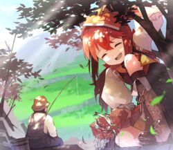  1boy boots brown_footwear brown_gloves brown_hair bucket closed_eyes commission cross-laced_footwear dress falcon_(girls&#039;_frontline) female fish fishing fishing_rod giant giantess girls&#039;_frontline gloves harufude headband knee_boots lace-up_boots medium_hair open_mouth outdoors red_headband skeb_commission smile tree 