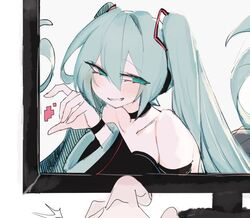  1other ^^^ bad_id bad_twitter_id bare_shoulders black_choker blue_eyes blue_hair blush bracelet choker collarbone detached_sleeves female half-heart_hands hatsune_miku jewelry long_hair looking_at_viewer looking_to_the_side monitor parted_lips pov pov_hands seductive_smile smile solo_focus twintails usa37107692 very_long_hair vocaloid white_background 