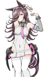  animal_ears arm_behind_head armpits arms_up black_hair blush breasts cleavage commentary_request commission cosplay covered_navel deno_(denomina0) detached_sleeves ear_ornament female grey_hairband grey_leotard grey_skirt grey_sleeves hair_over_one_eye hairband half-closed_eyes head_tilt highleg highleg_leotard highres horse_ears horse_girl horse_tail horseshoe_ornament leotard light_frown long_bangs looking_at_viewer medium_hair microskirt mihono_bourbon_(umamusume) mihono_bourbon_(umamusume)_(cosplay) necktie parted_lips partial_commentary pink_necktie pleated_skirt purple_eyes rice_shower_(umamusume) rigging simple_background single_horizontal_stripe skeb_commission skirt sleeveless solo standing tail tail_ornament thighhighs umamusume white_background white_thighhighs 