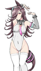  animal_ears arm_behind_head armpits arms_up ass_visible_through_thighs black_gloves black_hair blush breasts cleavage commentary_request commission cosplay covered_navel deno_(denomina0) detached_sleeves ear_ornament female gloves grey_hairband grey_leotard grey_sleeves groin hair_over_one_eye hairband half-closed_eyes head_tilt highleg highleg_leotard highres horse_ears horse_girl horse_tail horseshoe_ornament leotard light_frown long_bangs looking_at_viewer medium_hair mihono_bourbon_(umamusume) mihono_bourbon_(umamusume)_(cosplay) necktie parted_lips partial_commentary pink_necktie purple_eyes rice_shower_(umamusume) simple_background single_horizontal_stripe skeb_commission sleeveless solo standing tail tail_ornament thighhighs umamusume white_background white_thighhighs 