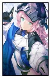  absurdres aqua_eyes armor black_gloves bullet commentary female gauntlets gloves helmet highres long_hair md5_mismatch oooomiga original photoshop_(medium) pink_hair solo symbol-only_commentary 