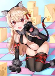  :d animal_ear_fluff animal_ears animal_hands bad_id bad_pixiv_id bell black_sleeves black_thighhighs blonde_hair blush box breasts carton cat_ears cat_paws cat_tail commentary detached_sleeves fake_animal_ears fate/kaleid_liner_prisma_illya fate_(series) female fur_trim gloves hair_bell hair_ornament highres illyasviel_von_einzbern illyasviel_von_einzbern_(beast_style) kneeling long_hair looking_at_viewer navel official_alternate_costume open_mouth paw_gloves red_eyes red_ribbon ribbon shirokuma_(zeroillya) small_breasts smile solo tail teeth thighhighs upper_teeth_only 