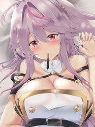  absurdres azur_lane bare_shoulders belt black_belt blush breasts cleavage female food grenville_(azur_lane) hair_between_eyes highres large_breasts long_hair looking_at_viewer lying multicolored_hair on_back pocky purple_hair red_eyes solo streaked_hair tonchinkan two-tone_hair upper_body very_long_hair 