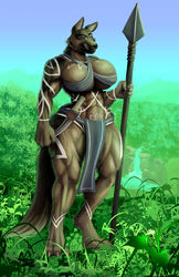  absurd_res anthro arekage big_breasts bottomwear breasts canid canine canis clothing domestic_dog exposure_variation female german_shepherd herding_dog hi_res hunter loincloth mammal markings melee_weapon muscular muscular_female pastoral_dog polearm solo spear tall_girl tribal tribal_markings warrioress weapon 