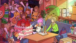  6+girls :3 akagi_miria akanishi_erika birthday_party blonde_hair box bromide brown_hair cake cake_costume cardboard_box cathy_graham character_name chocolate_cake clock commentary couch figure finger_to_mouth food green_jacket hand_fan happy_birthday highres hino_akane_(idolmaster) hojo_karen holding holding_megaphone holding_paper holding_pen holding_phone holding_spoon hori_yuko idolmaster idolmaster_cinderella_girls indoors jacket jennie_congee jougasaki_mika jougasaki_rika kamiya_nao kawashima_mizuki light_smile looking_at_another looking_at_object megaphone multiple_girls namba_emi nonomura_sora office office_lady ok_sign on_couch pantyhose paper pen phone picture_frame pina_korata pink_hair plant pointing ponytail senkawa_chihiro shibuya_rin shushing side_ponytail sitting smile smug spoon stuffed_toy sunlight symbol-only_commentary table taking_picture tissue_box triad_primus_(idolmaster) trophy two_side_up ueda_suzuho ueki-chan vase window_blinds 