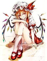  :q ass bangs banned_artist blonde_hair blush bow commentary_request crossed_legs crystal eyelashes female flandre_scarlet frilled_skirt frills hair_between_eyes hat hat_ribbon kozou_(soumuden) looking_to_the_side mary_janes mob_cap on_floor one_side_up panties puffy_short_sleeves puffy_sleeves rainbow_order red_bow red_eyes red_footwear red_ribbon red_skirt red_vest ribbon shirt shoes short_hair short_hair_with_long_locks short_sleeves side_ponytail simple_background sitting skirt slit_pupils socks solo thighs tongue tongue_out touhou underwear vest white_background white_headwear white_legwear white_panties white_shirt wings 