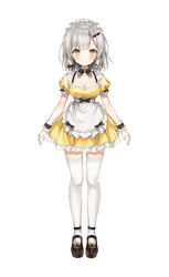  apron black_bow black_footwear blush bow breasts cleavage collarbone detached_collar dress female grey_hair hairbow highres maid maid_apron maid_headdress medium_breasts official_art open_hands production_kawaii shee_icho short_hair smile solo thighhighs virtual_youtuber weri white_background white_thighhighs wrist_cuffs yellow_bow yellow_dress yellow_eyes 