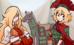  2girls absurdres anachronism armor blonde_hair blurry blurry_background breasts cape centurii-chan centurii-chan_(artist) closed_mouth colored_eyelashes commentary crossed_arms day english_commentary era_bricks_(meme) greco-roman_clothes hair_over_one_eye highres horse legate_(centurii-chan) long_hair looking_to_the_side meme multiple_girls original plume pteruges reactive_armor red_cape robe roman_clothes yellow_eyes 