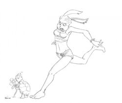  aesop&#039;s_fables anthro black_and_white denike duo ear_piercing female graphite_(artwork) lagomorph leporid mammal midriff monochrome pencil_(artwork) piercing rabbit reptile scalie simple_background size_difference the_tortoise_and_the_hare thin_legs thin_thighs traditional_media_(artwork) turtle unavailable_at_source white_background 