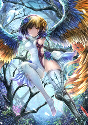  :&lt; armor armored_boots armpits bare_tree blue_feathers blue_flower blue_rose bob_cut boots bow braid branch breasts brown_feathers brown_hair character_request closed_mouth commentary_request day facial_tattoo feathered_wings feathers female flower flying forest from_below hair_between_eyes hair_flower hair_ornament hairbow harpy highres leg_up looking_at_viewer lord_of_vermilion lord_of_vermilion_iii medium_breasts monster_girl multicolored_wings nature orange_eyes orange_feathers outdoors pink_bow rose shimo_(depthbomb) shiny_skin short_hair side_braid single_boot single_thighhigh solo spread_wings tattoo thighhighs tree white_thighhighs wind winged_arms wings 