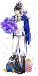  1boy arm_up bad_id bad_pixiv_id black-framed_eyewear black_footwear black_hair blue_necktie boots bouquet box character_doll crown flower full_body fushimi_saruhiko gift gift_box glasses gloves hair_between_eyes highres holding holding_bouquet k-project knee_boots looking_at_viewer male_focus mini_crown munakata_reishi necktie noes pants purple_gloves ribbon simple_background solo standing white_background white_gloves white_pants yellow_ribbon 