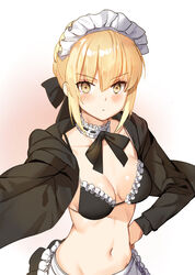  apron artoria_pendragon_(alter_swimsuit_rider)_(fate) artoria_pendragon_(alter_swimsuit_rider)_(second_ascension)_(fate) artoria_pendragon_(fate) bad_id bad_pixiv_id bikini black_bikini blonde_hair blush breasts closed_mouth collarbone commentary_request fate/grand_order fate_(series) female frilled_apron frills gradient_background hair_between_eyes hand_on_own_hip hood hoodie long_hair looking_at_viewer maid maid_bikini maid_headdress medium_breasts navel open_clothes open_hoodie shovelwell sidelocks solo swimsuit tsurime unconventional_maid upper_body waist_apron yellow_eyes 