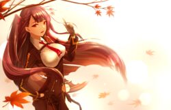  bad_id bad_pixiv_id black_gloves blazer blurry bokeh braid breasts brown_hair commentary depth_of_field female framed_breasts girls&#039;_frontline gloves hair_ribbon half_updo hand_on_own_hip jacket large_breasts leaf lens_flare limeblock long_hair long_sleeves looking_at_viewer maple_leaf necktie one_side_up open_mouth purple_hair red_eyes red_necktie revision ribbon solo underbust very_long_hair wa2000_(girls&#039;_frontline) 