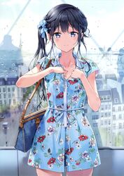  absurdres adagaki_aki bag black_hair blue_bag blue_eyes blush bottle bow building closed_mouth collarbone cowboy_shot dress eiffel_tower female floral_print highres indoors jewelry lamppost long_hair looking_at_viewer masamune-kun_no_revenge necklace oerba_yun_fang paris print_dress real_world_location reflection sash scan short_sleeves shoulder_bag side_ponytail skirt standing striped striped_bow tiv water_bottle window 