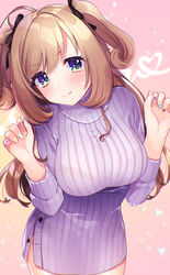  ahoge bbbannooo blonde_hair blue_eyes blurry blush breasts buttons closed_mouth commentary_request cowboy_shot depth_of_field dress female hair_ribbon hands_up head_tilt highres idolmaster idolmaster_cinderella_girls large_breasts long_hair long_sleeves looking_at_viewer multicolored_nails nail_art nail_polish photoshop_(medium) ribbed_sweater ribbon sato_shin sidelocks solo standing sweat sweater sweater_dress turtleneck turtleneck_sweater two_side_up v-shaped_eyebrows 