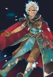  1boy artist_name boey_(fire_emblem) boots brown_gloves brown_pants cape circlet commentary_request dated feet_out_of_frame fire_emblem fire_emblem_echoes:_shadows_of_valentia fire_emblem_gaiden gloves green_footwear highres looking_at_viewer male_focus ohteatime outline pants short_sleeves simple_background smile solo spiked_hair third-party_source triangle white_hair yellow_eyes 