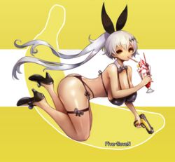  bad_id bad_pixiv_id banana bikini black_bikini breasts brown_eyes commentary_request female five-seven_(cruise_queen)_(girls&#039;_frontline) five-seven_(girls&#039;_frontline) food fruit girls&#039;_frontline grey_hair gun high_heels large_breasts long_hair looking_at_viewer notte official_alternate_costume parfait ponytail shiny_skin solo strawberry_pocky string_bikini striped striped_background swimsuit thigh_strap thong thong_bikini very_long_hair weapon white_hair 