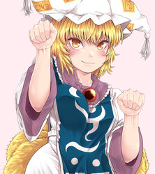  :3 absurdres animal_ears blonde_hair blush breasts closed_mouth commentary_request female fox_ears fox_tail gem hands_up hat highres large_breasts looking_at_viewer multiple_tails ofuda paw_pose pink_background shirt simple_background skirt smile solo tabard tail toluda touhou upper_body white_hat white_shirt white_skirt yakumo_ran yellow_eyes 