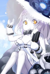  :t abyssal_ship alternate_costume arm_up bare_shoulders colored_skin commentary_request cosplay dress eating feet_out_of_frame female flower food hand_on_headwear hat hat_flower kantai_collection long_hair looking_at_viewer majicjiang mittens northern_ocean_princess oversized_breast_cup oversized_clothes pale_skin photoshop_(medium) popsicle seaport_summer_princess seaport_summer_princess_(cosplay) sitting strap_slip sun_hat sundress white_dress white_hair white_hat white_skin 