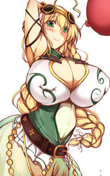  arm_up armpits balloon balloon_vine_(flower_knight_girl) blonde_hair blush braid breasts cleavage cleavage_cutout clothing_cutout commentary_request cowboy_shot female flower_knight_girl goggles goggles_on_head green_eyes green_skirt heart heart-shaped_pupils huge_breasts long_hair looking_at_viewer see-through skirt smile solo symbol-shaped_pupils white_background yuuichi_(eunoxline) 