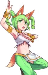  :o animal_ear_fluff animal_ears arm_up armlet armpits bare_shoulders bracelet commentary_request crotchless crotchless_pants dancer eyes_visible_through_hair female green_eyes green_hair hair_ornament highres jewelry kotri_(rabi-ribi) looking_at_viewer midriff navel necklace pants rabi-ribi solo speckticuls tail teeth transparent_background twintails upper_teeth_only 