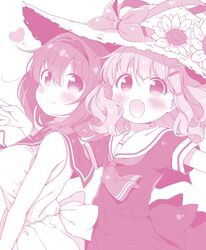  2girls :d blush bow breasts closed_mouth commentary_request dress flower furutani_himawari hair_ornament hairband hairclip hat hat_bow hat_flower hat_ornament hat_ribbon heart large_breasts looking_at_viewer monochrome multiple_girls oerba_yun_fang oomuro_sakurako open_mouth pink_theme ribbon sailor_collar shared_hat short_hair short_sleeves smile sun_hat sunflower takahero yuru_yuri 