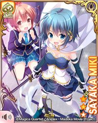  2girls :d blue_hair cape card cutlass fortissimo girlfriend_(kari) hair_ornament looking_at_viewer magical_girl mahou_shoujo_madoka_magica mahou_shoujo_madoka_magica_(anime) miki_sayaka miki_sayaka_(magical_girl) multiple_girls musical_note musical_note_hair_ornament open_mouth qp:flapper sakurai_akane_(girlfriend) school_uniform short_hair smile soul_gem v-shaped_eyebrows weapon 