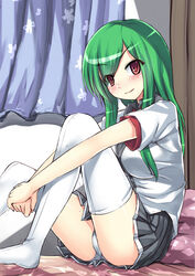  admiral_hipper_(warship_girls_r) bed bow bowtie breasts cameltoe commentary_request curtains female green_hair grey_skirt hands_on_own_leg highres indoors knees_up large_breasts long_hair looking_at_viewer on_bed panties photoshop_(medium) pillow red_eyes school_uniform shirt sitting skirt smile solo srwsrx_(gp03dsrx) thighhighs underwear warship_girls_r white_shirt 