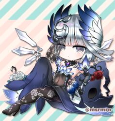  bad_id bad_pixiv_id bare_shoulders black_dress black_footwear black_gloves black_thighhighs blue_flower blue_rose blue_wings blunt_bangs boots chibi closed_mouth commentary_request covered_navel diagonal_stripes dress elbow_gloves feathered_wings female floral_print flower full_body gloves grey_eyes grey_hair grey_wings head_wings looking_at_viewer lowres mashiro_miru print_thighhighs puzzle_&amp;_dragons red_flower red_rose reeche_(p&amp;d) rose rose_print solo strapless strapless_dress striped thigh_boots thighhighs twitter_username white_flower white_rose wings 