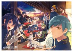  6+boys ;d ahoge aqua_hair bandana black_hair blue_eyes blue_hair brown_eyes brown_hair closed_eyes commentary_request dango eyepatch food fruit gloves gourd green_eyes green_hair grin hand_fan heshikiri_hasebe hirano_toushirou ichigo_hitofuri japanese_clothes jirou_tachi kasen_kanesada kashuu_kiyomitsu kimono ko-man kousetsu_samonji male_focus mikazuki_munechika mitarashi_dango multiple_boys namazuo_toushirou nihongou_(touken_ranbu) one_eye_closed ookurikara open_mouth otegine paper_fan pink_hair ponytail purple_eyes purple_hair sayo_samonji scarf shokudaikiri_mitsutada smile souza_samonji taikogane_sadamune tank_top touken_ranbu tsurumaru_kuninaga uchiwa uguisumaru v wagashi watermelon white_gloves white_hair yamato-no-kami_yasusada yellow_eyes yukata 