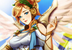  ancient_greek_clothes artist_name blonde_hair blue_eyes blue_sky breasts cleavage commentary day dress english_commentary esther_shen feathered_wings female greco-roman_clothes head_wreath high_ponytail laurel_crown looking_at_viewer mechanical_wings medium_breasts mercy_(overwatch) official_alternate_costume outdoors overwatch overwatch_1 peplos photoshop_(medium) pink_lips short_hair short_sleeves signature sky solo spread_wings upper_body white_dress winged_victory_mercy wings yellow_wings 