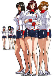  6+girls adjutant_(agent_aika) agent_aika aika_(series) ascot ass black_ascot black_eyes black_hair black_skirt blue_hair breasts brown_hair closed_eyes closed_mouth commentary_request covered_nipples crossed_arms dark-skinned_female dark_skin delmo_commander delmogeny_uniform earrings full_body green_hair high_heels highres hug jacket jewelry juliet_sleeves large_breasts lipstick long_hair long_sleeves looking_at_viewer makeup mamesi_(suhk8583) microskirt military military_uniform mole mole_under_eye multiple_girls nina_esuko panties pantyshot pencil_skirt pink_lips puffy_sleeves red_hair short_hair simple_background skirt smile standing underwear uniform white_background white_delmo white_delmo_n white_delmo_p white_delmo_r white_footwear white_jacket white_panties 