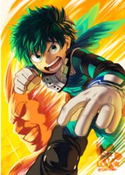  2boys all_might artist_name boku_no_hero_academia clenched_hand commentary_request freckles gloves green_eyes green_hair grin isakysaku male_focus messy_hair midoriya_izuku multiple_boys projected_inset punching running shaded_face smile sparkle superhero_costume twitter_username watermark white_gloves 