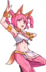  :o animal_ear_fluff animal_ears arm_up armlet armpits bare_shoulders bracelet crotchless crotchless_pants dancer eyes_visible_through_hair female hair_ornament highres jewelry kotri_(rabi-ribi) looking_at_viewer midriff navel necklace pants pink_eyes pink_hair rabi-ribi solo speckticuls tail teeth transparent_background twintails upper_teeth_only 