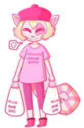  alpha_channel ambiguous_gender bag beleth_(floraverse) blonde_hair closed_eyes clothing domestic_cat felid feline felis floraverse hair hat headgear headwear mammal poketto_monsta shirt smile solo t-shirt topwear white_beleth_(floraverse) 