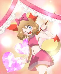  boots breasts crop_top female fennekin_(cosplay) midriff miniskirt navel pokemon serena_(pokemon) skirt stick wide_hips 