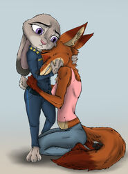  3_toes 4_fingers anthro anthro_on_anthro black_nose bodily_fluids canid canine clothed clothing comforting crying disney duo fan_character feet female female/female fingers fox fur gloves_(marking) interspecies judy_hopps lagomorph larger_anthro leporid luna_wilde_(crewefox) mammal markings midriff multicolored_tail predator/prey purple_eyes rabbit red_body red_fox red_fur size_difference smaller_anthro stepdaughter_(lore) stepmother_(lore) stepparent_(lore) tail tears toes true_fox ziegelzeig zootopia 