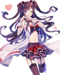  ;) banned_artist black_legwear blue_eyes breasts brown_hair cleavage earrings floating_hair garter_straps hair_between_eyes hair_ornament heart heart_hands ichinose_shiki idolmaster idolmaster_cinderella_girls idolmaster_cinderella_girls_starlight_stage jewelry layered_skirt long_hair medium_breasts midriff miniskirt navel one_eye_closed red_skirt sayori_(oskn) simple_background skirt sleeveless smile solo stomach thighhighs twintails very_long_hair white_background wrist_cuffs 