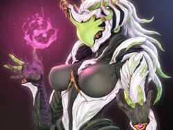  armor breasts commentary_request female gradient_background helmet highres horiishi_horuto large_breasts orokin_(warframe) prime_warframe saryn_(warframe) saryn_prime_(warframe) science_fiction solo warframe 