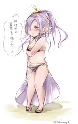  bare_shoulders bikini black_bikini blush breasts cleavage commentary_request embarrassed female flower granblue_fantasy hair_flower hair_ornament hair_over_one_eye hairband harvin highres knees_together_feet_apart leglus long_hair niyon_(granblue_fantasy) nose_blush pointy_ears sandals sarong see-through simple_background small_breasts solo standing swimsuit translated trembling twitter_username white_background 